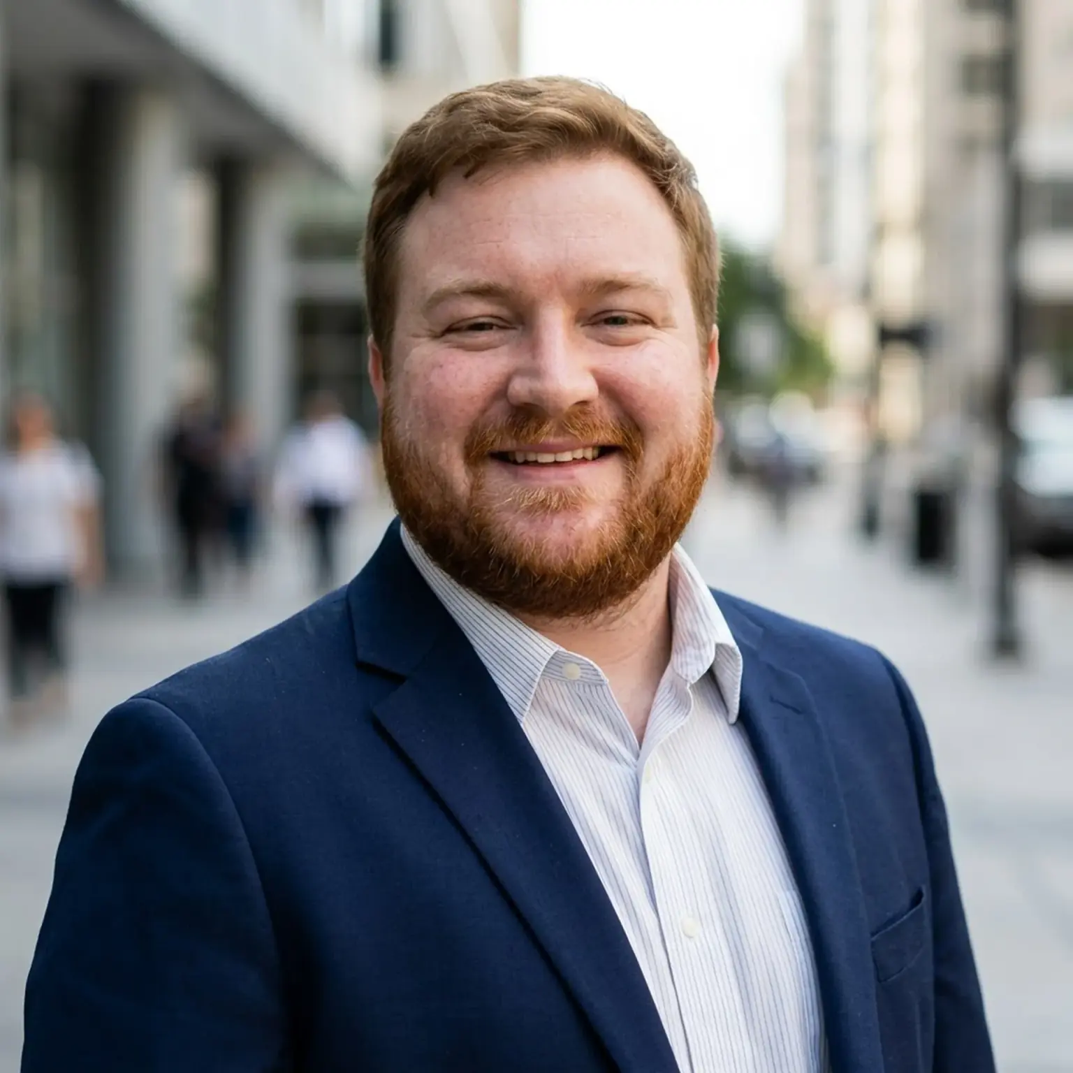 AI-generated business portrait — navy blazer, city street.