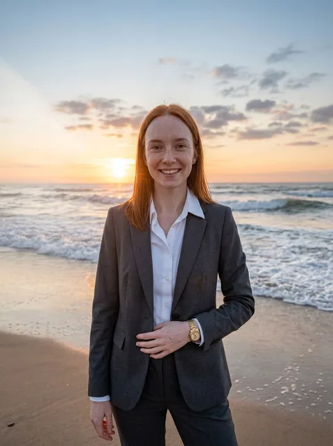AI-generated photo of the same woman in a charcoal suit on a beach at sunset: front, full frame.