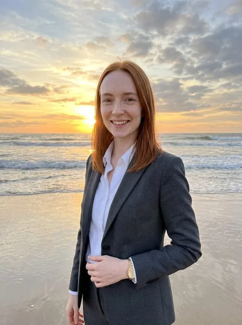 AI-generated photo of the same woman in a charcoal suit on a beach at sunset: three-quarter, turned left.
