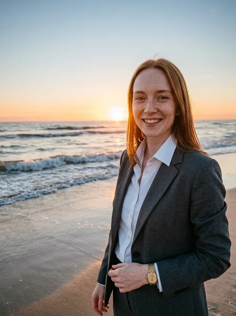 AI-generated photo of the same woman in a charcoal suit on a beach at sunset: three-quarter, turned right.